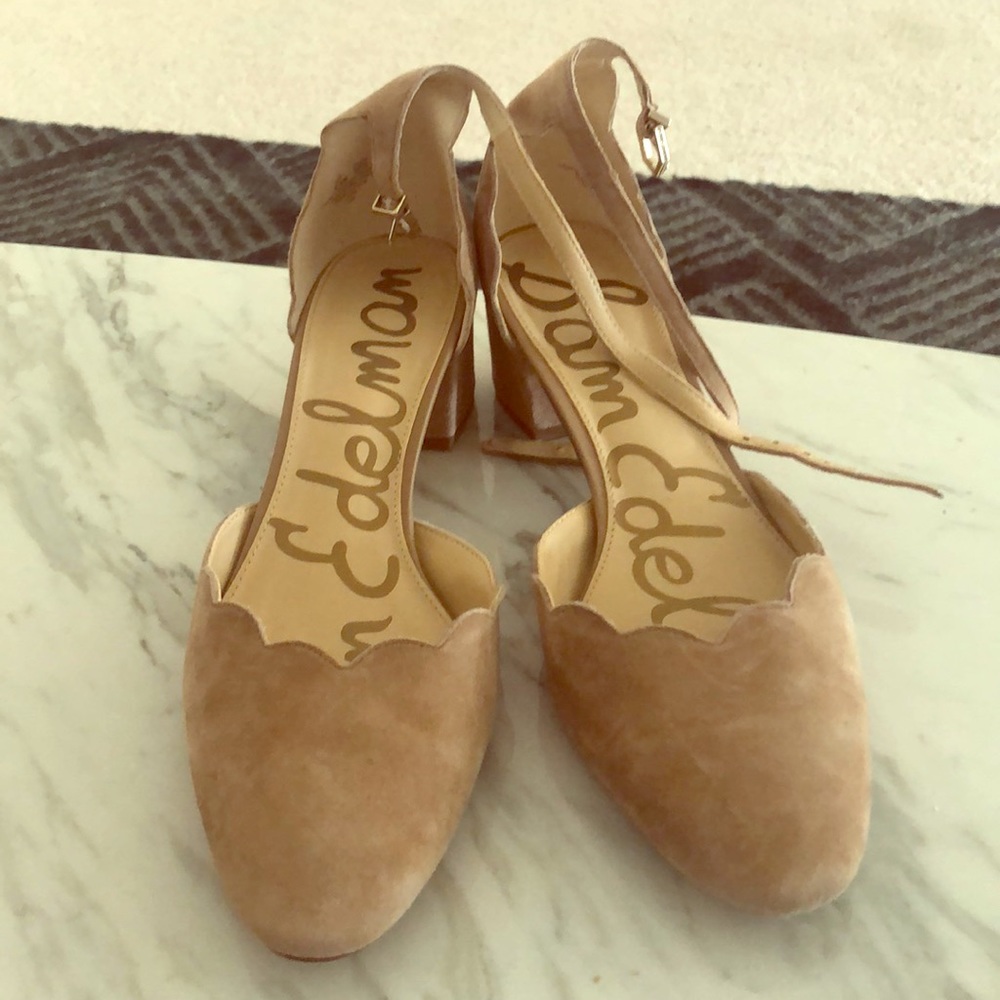Suede Leather Scalloped Block Heels